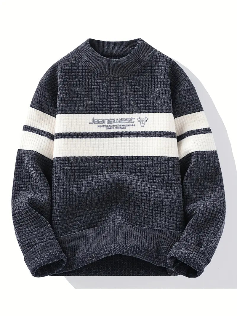 Textured Knit Sweater – Unisex Cream & Gray Block Stripe