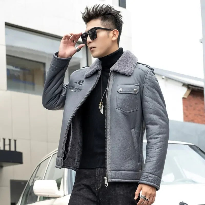 Men’s Genuine Leather Sheepskin Fur Motorcycle Jacket – Rugged & Luxurious