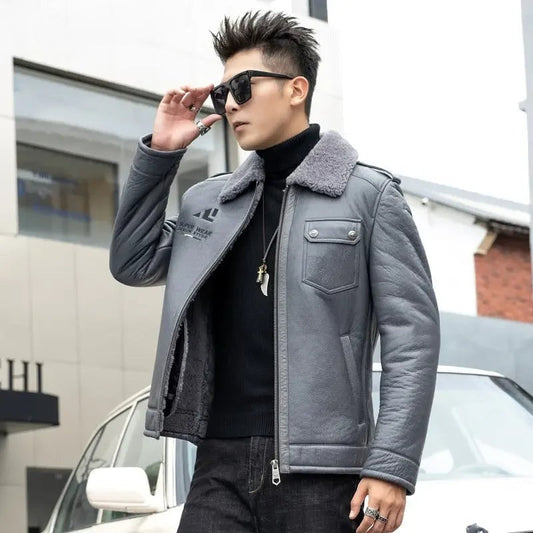 Men’s Genuine Leather Sheepskin Fur Motorcycle Jacket – Rugged & Luxurious