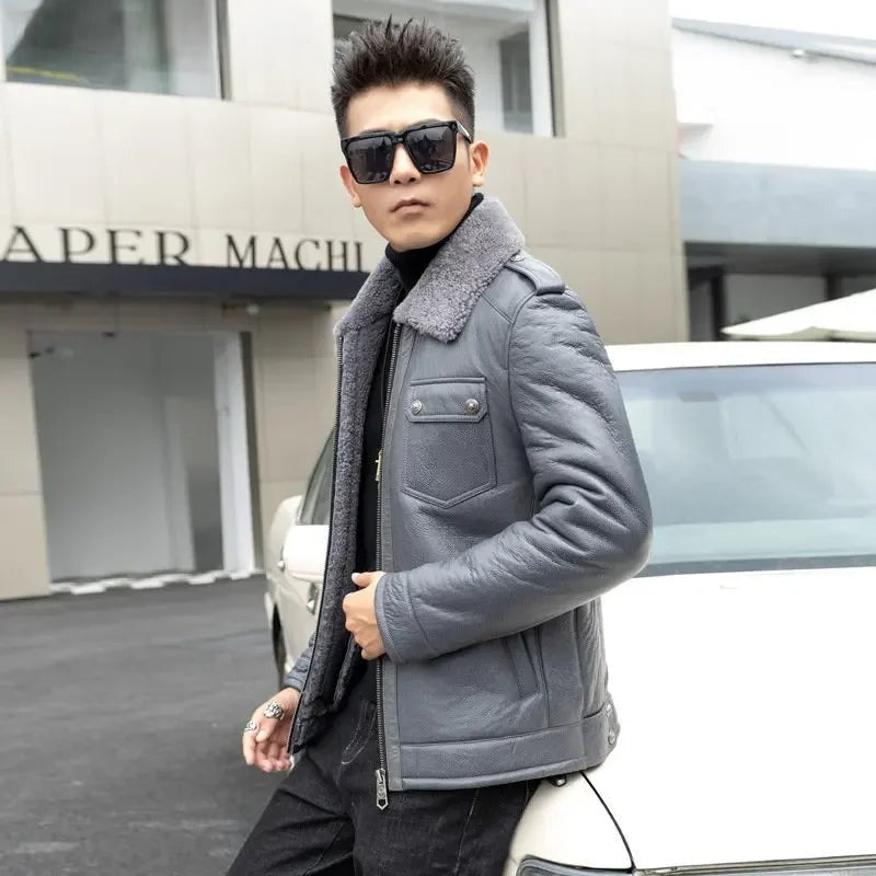 Men’s Genuine Leather Sheepskin Fur Motorcycle Jacket – Rugged & Luxurious