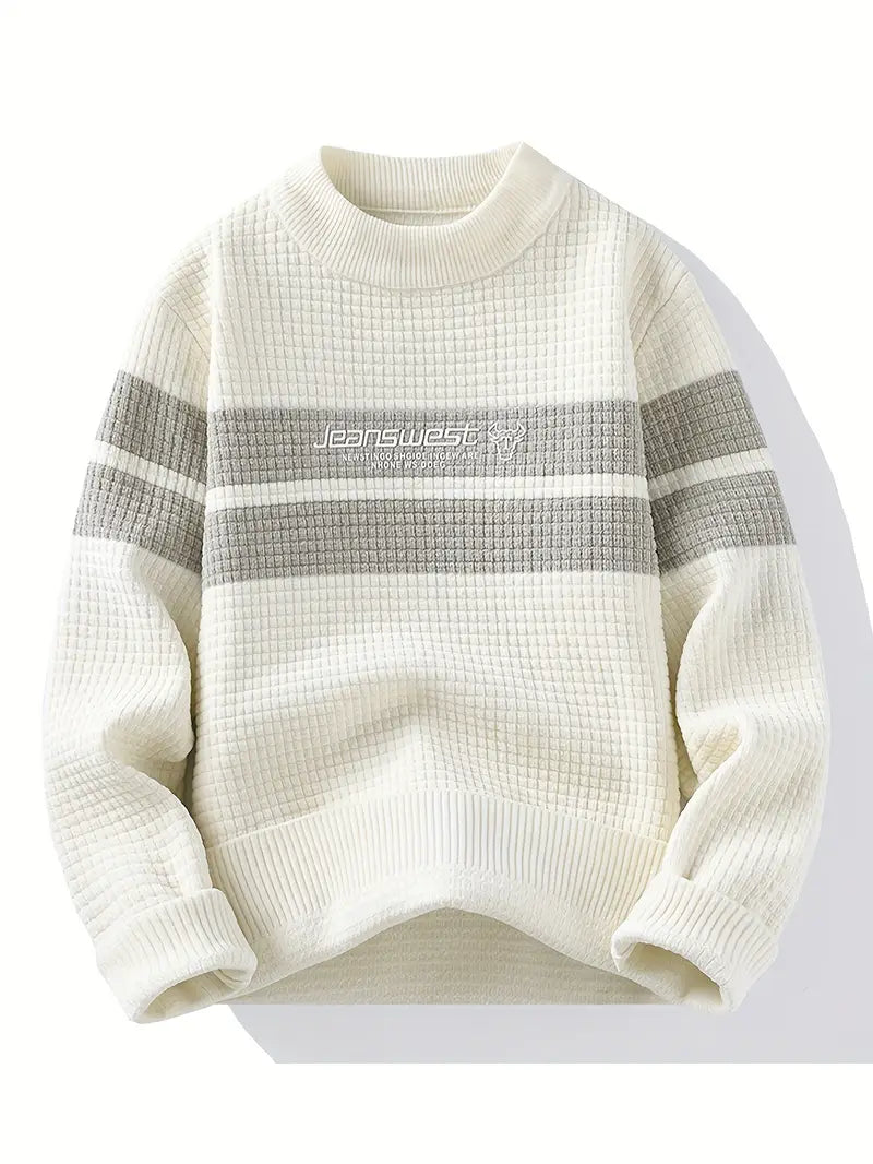 Textured Knit Sweater – Unisex Cream & Gray Block Stripe