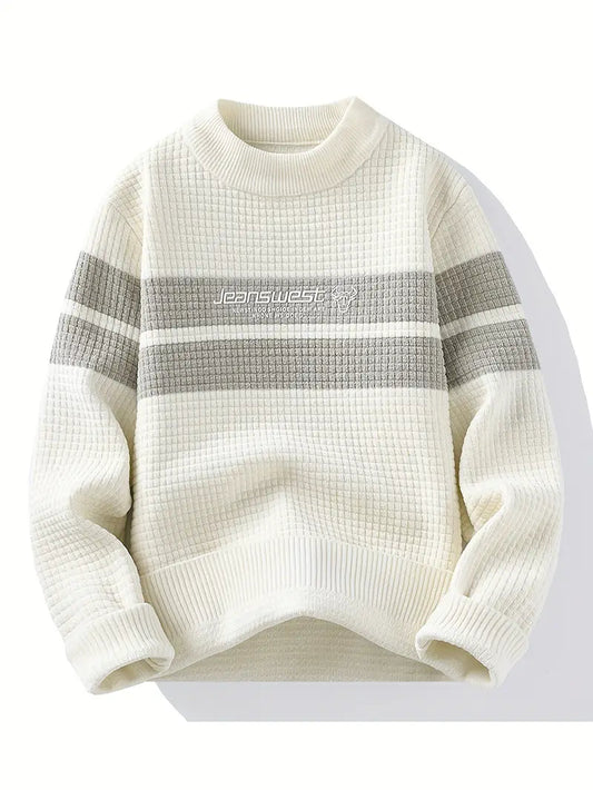 Textured Knit Sweater – Unisex Cream & Gray Block Stripe