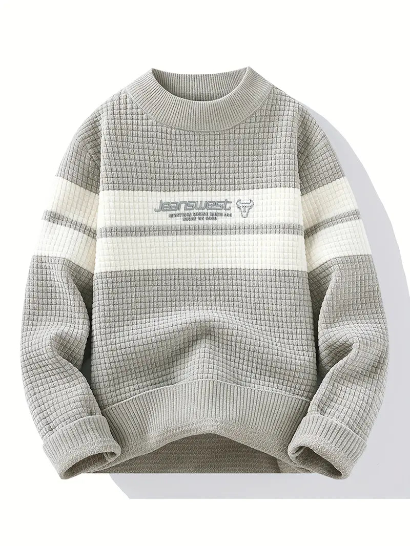 Textured Knit Sweater – Unisex Cream & Gray Block Stripe
