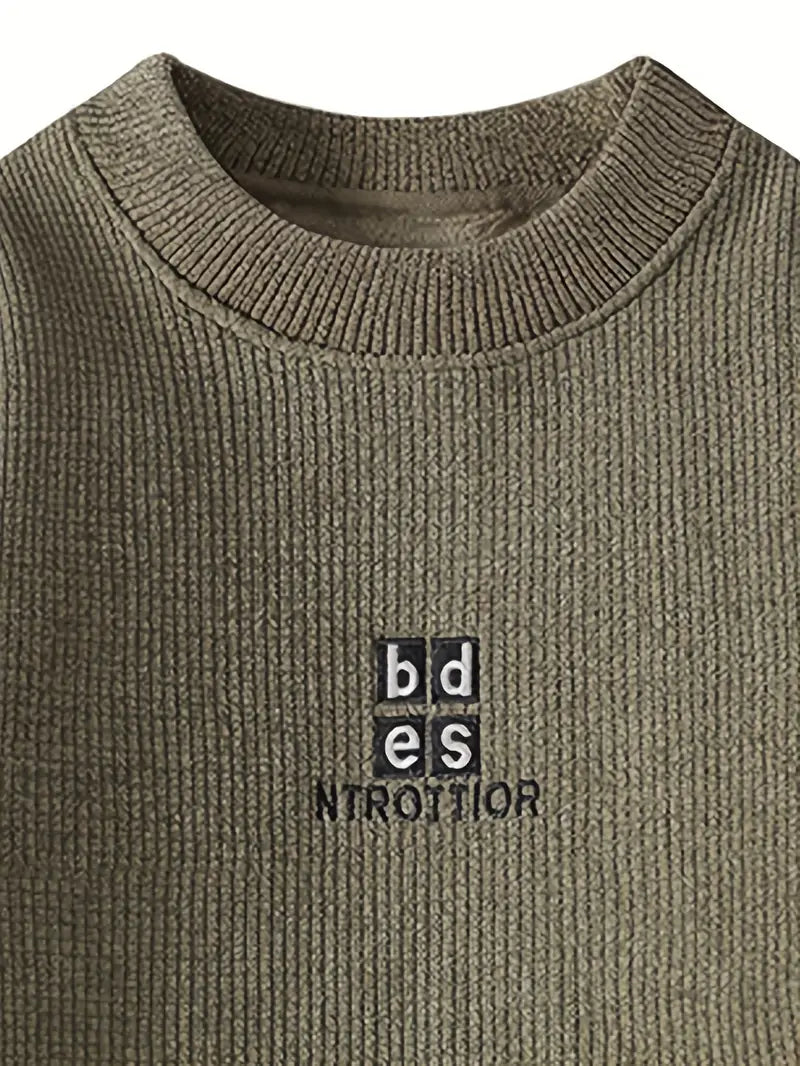 Minimal Embroidered Knit Sweater – Olive Green