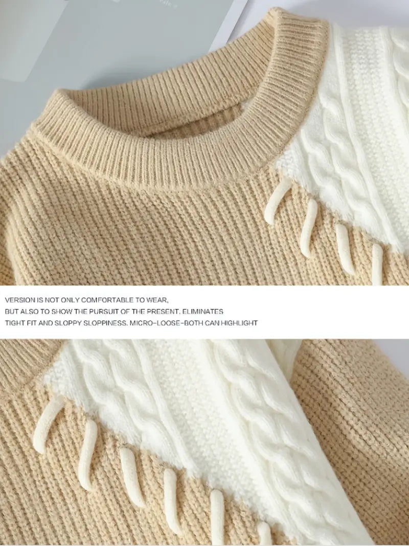 Two-Tone Patchwork Knitted Sweater – Beige & Ivory