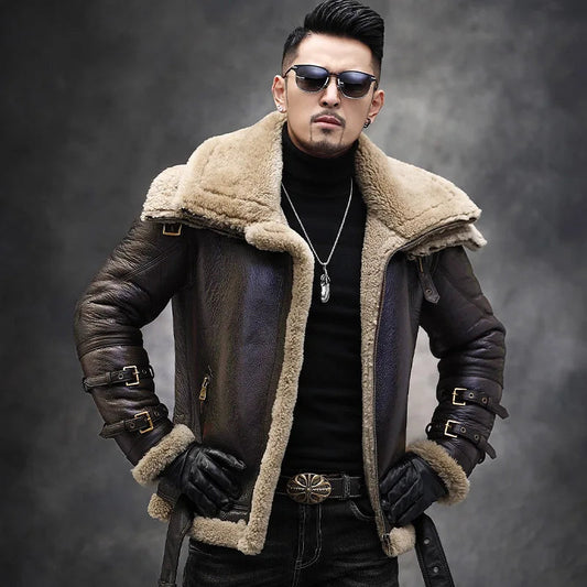 Men’s Genuine Leather Sheepskin Fur Motorcycle Jacket – Classic Aviator Style