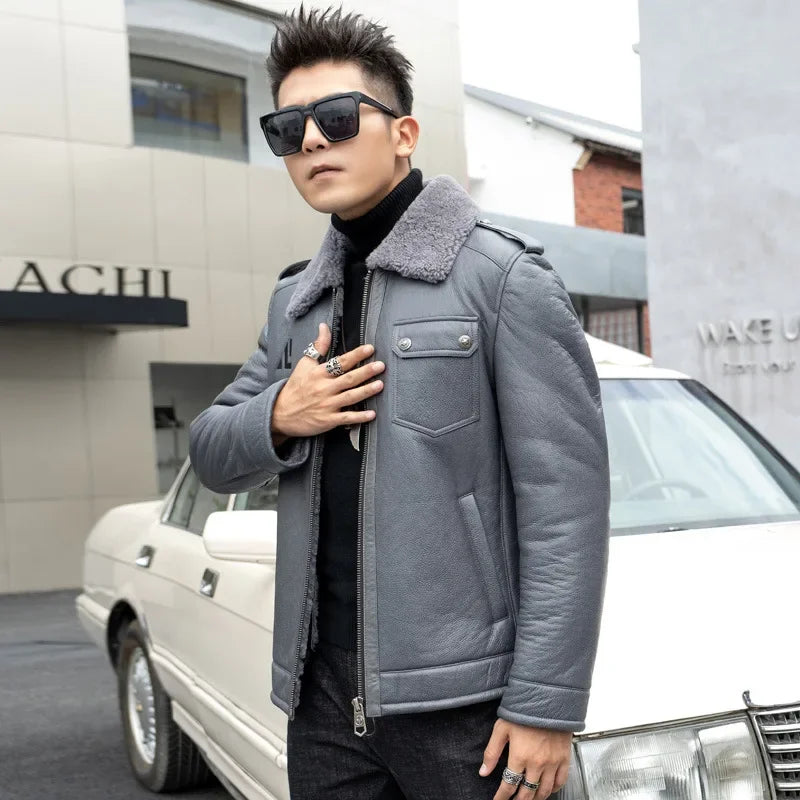 Men’s Genuine Leather Sheepskin Fur Motorcycle Jacket – Rugged & Luxurious